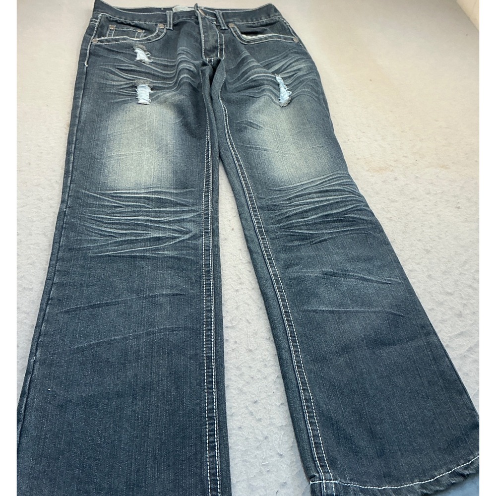 VKA Y2K Jeans Rhinestone Cross Wing Embroidery Distressed Dark Wash 32x32 Street